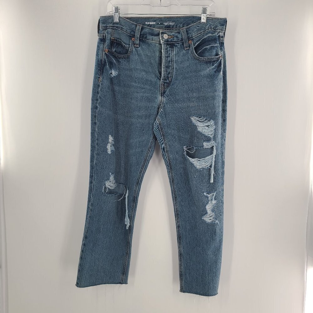 Old Navy High-Rise Slouchy‎ Straight Raw Hem Distressed Secret Slim Pockets sz 6